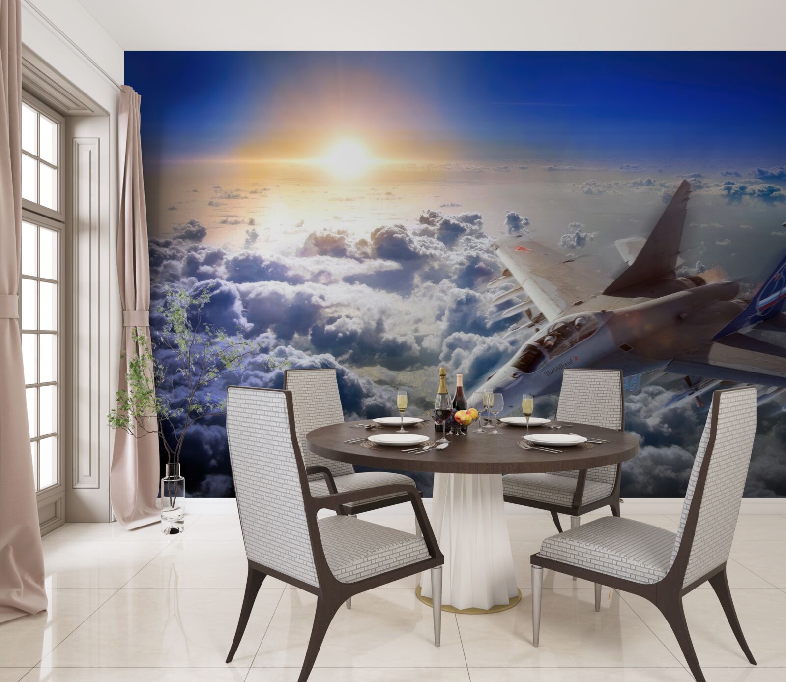 Fotobehang gevechtsvliegtuigen vliegen door de wolken