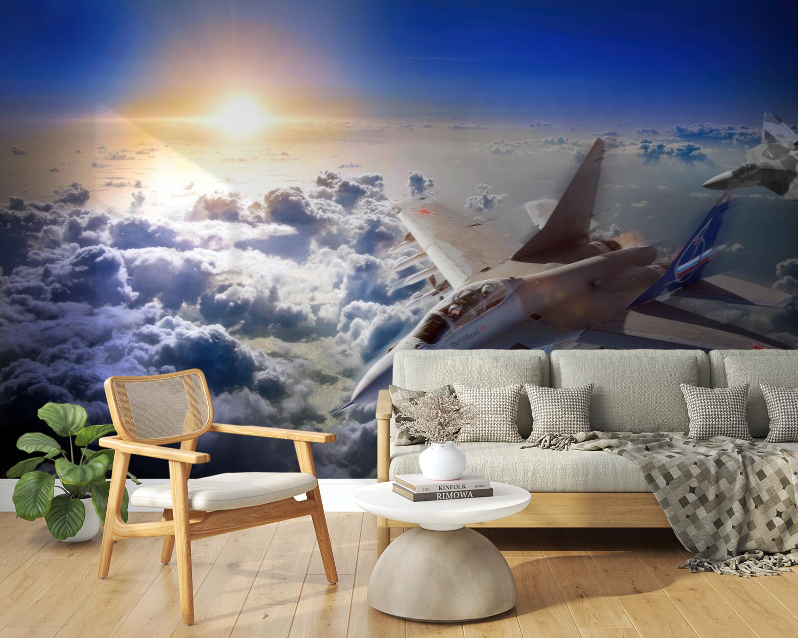 Fotobehang gevechtsvliegtuigen vliegen door de wolken