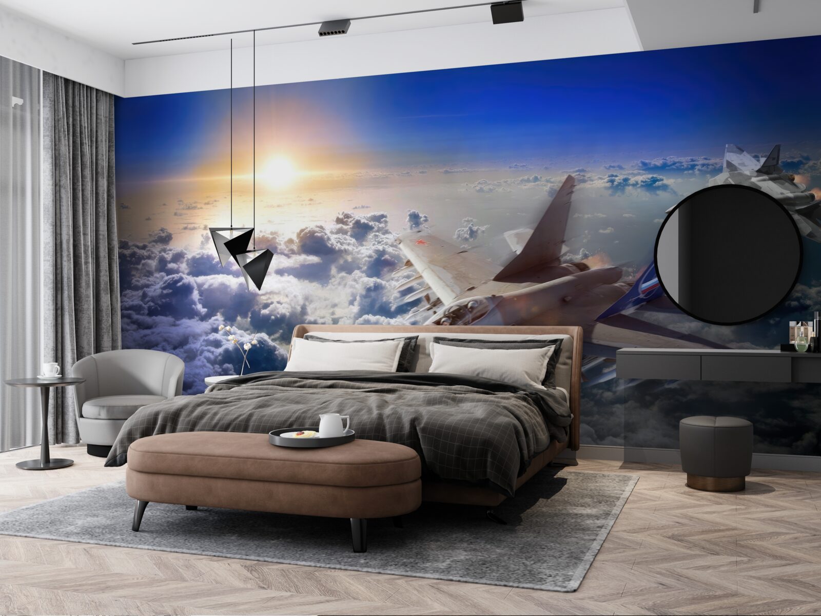 Fotobehang gevechtsvliegtuigen vliegen door de wolken