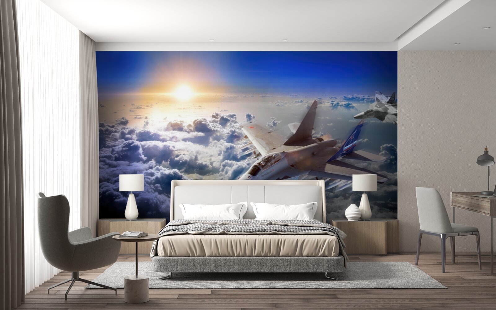 Fotobehang gevechtsvliegtuigen vliegen door de wolken