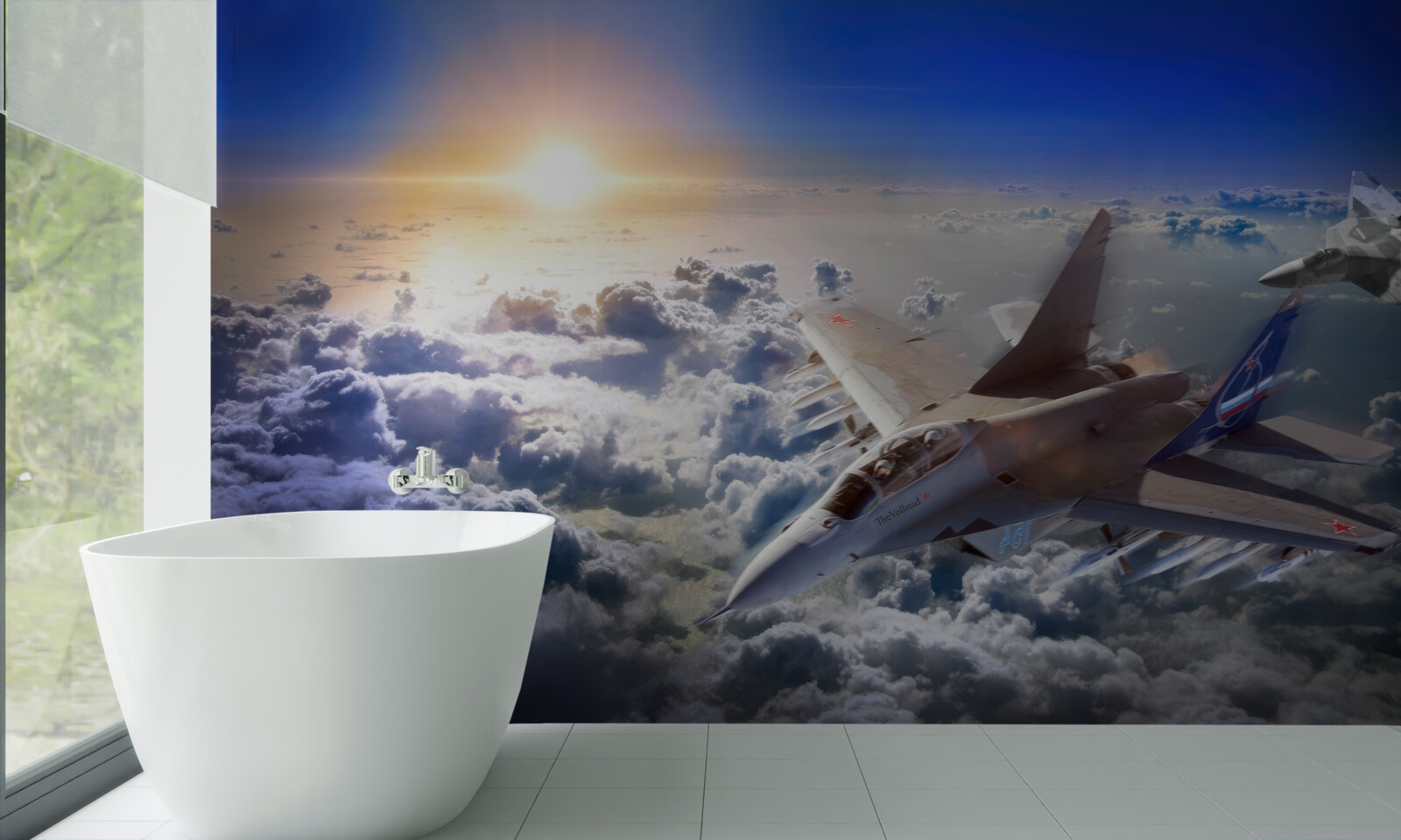 Fotobehang gevechtsvliegtuigen vliegen door de wolken