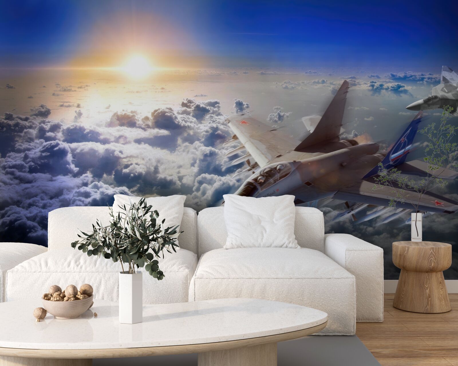 Fotobehang gevechtsvliegtuigen vliegen door de wolken