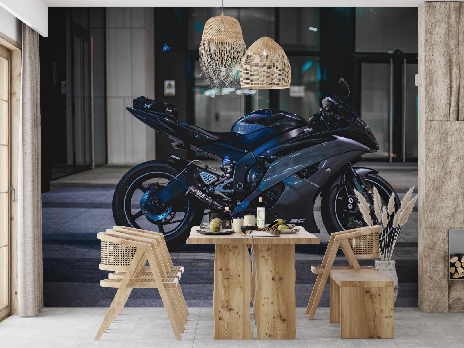 Fotobehang donkerblauwe motor achtergelaten op parkeerplaats