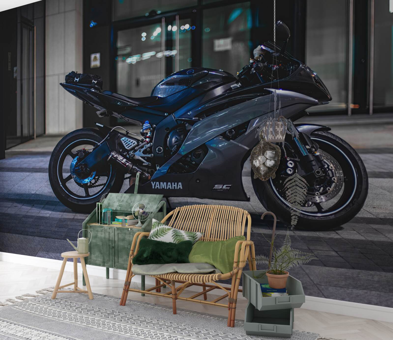 Fotobehang donkerblauwe motor achtergelaten op parkeerplaats