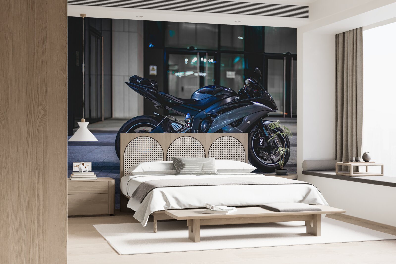 Fotobehang donkerblauwe motor achtergelaten op parkeerplaats