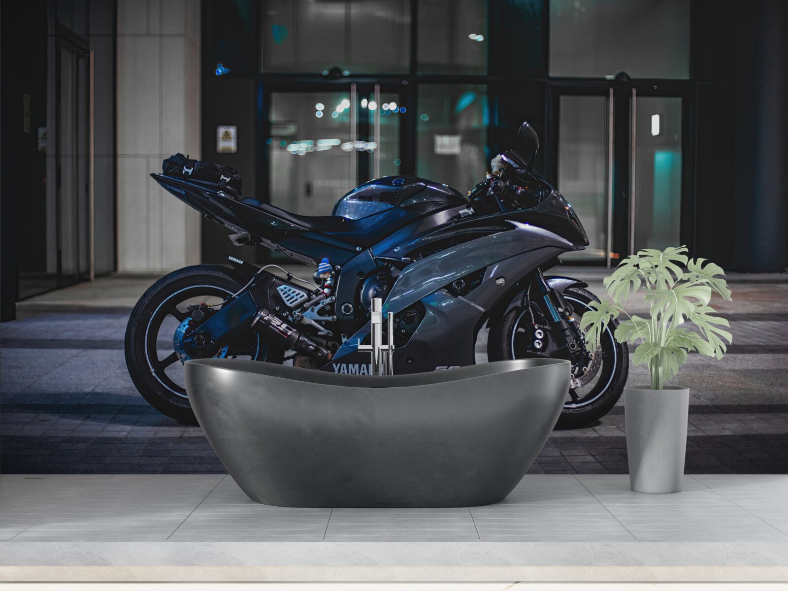 Fotobehang donkerblauwe motor achtergelaten op parkeerplaats