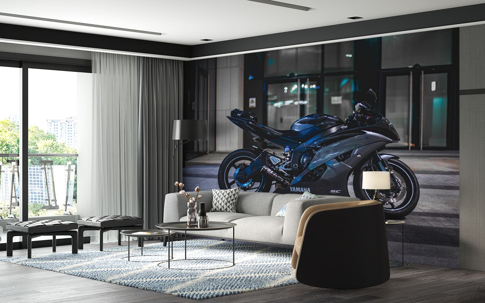 Fotobehang donkerblauwe motor achtergelaten op parkeerplaats