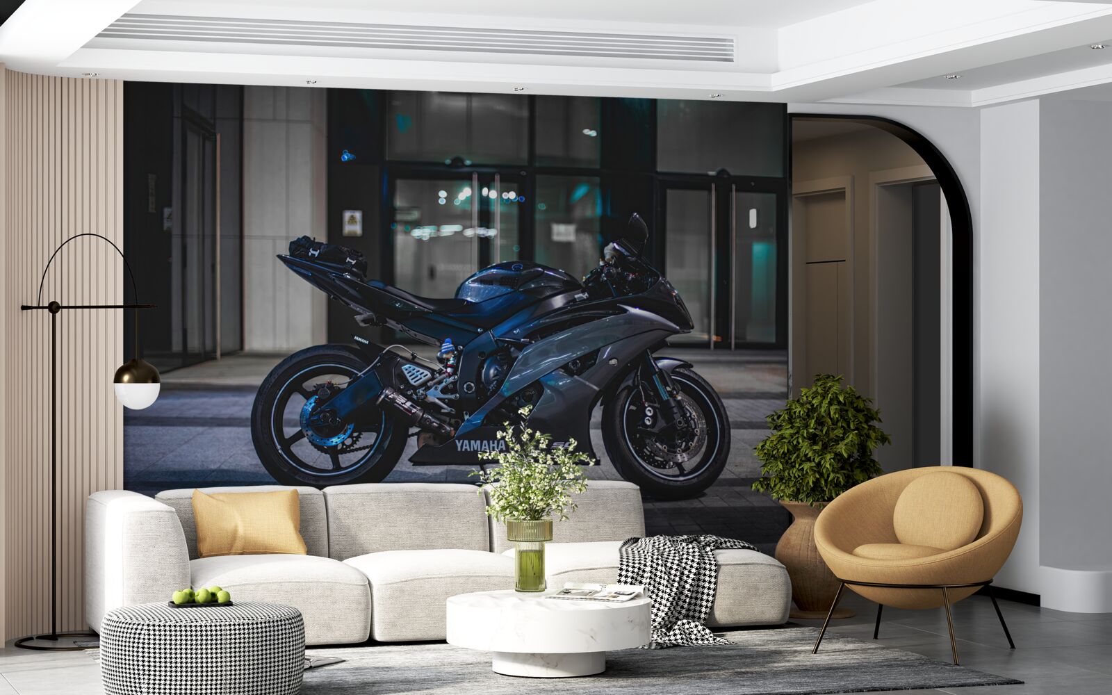 Fotobehang donkerblauwe motor achtergelaten op parkeerplaats