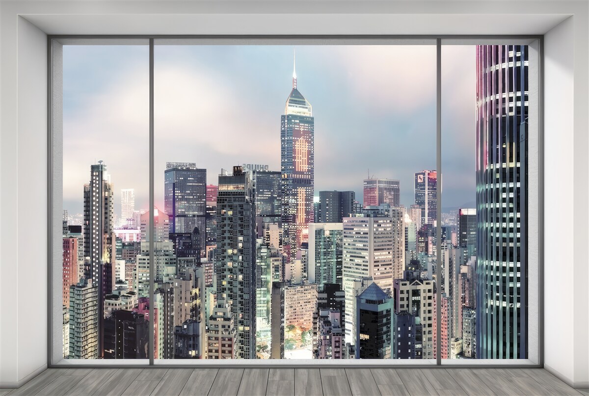 Fotobehang avond stadslandschap dat zich opent vanuit het raam