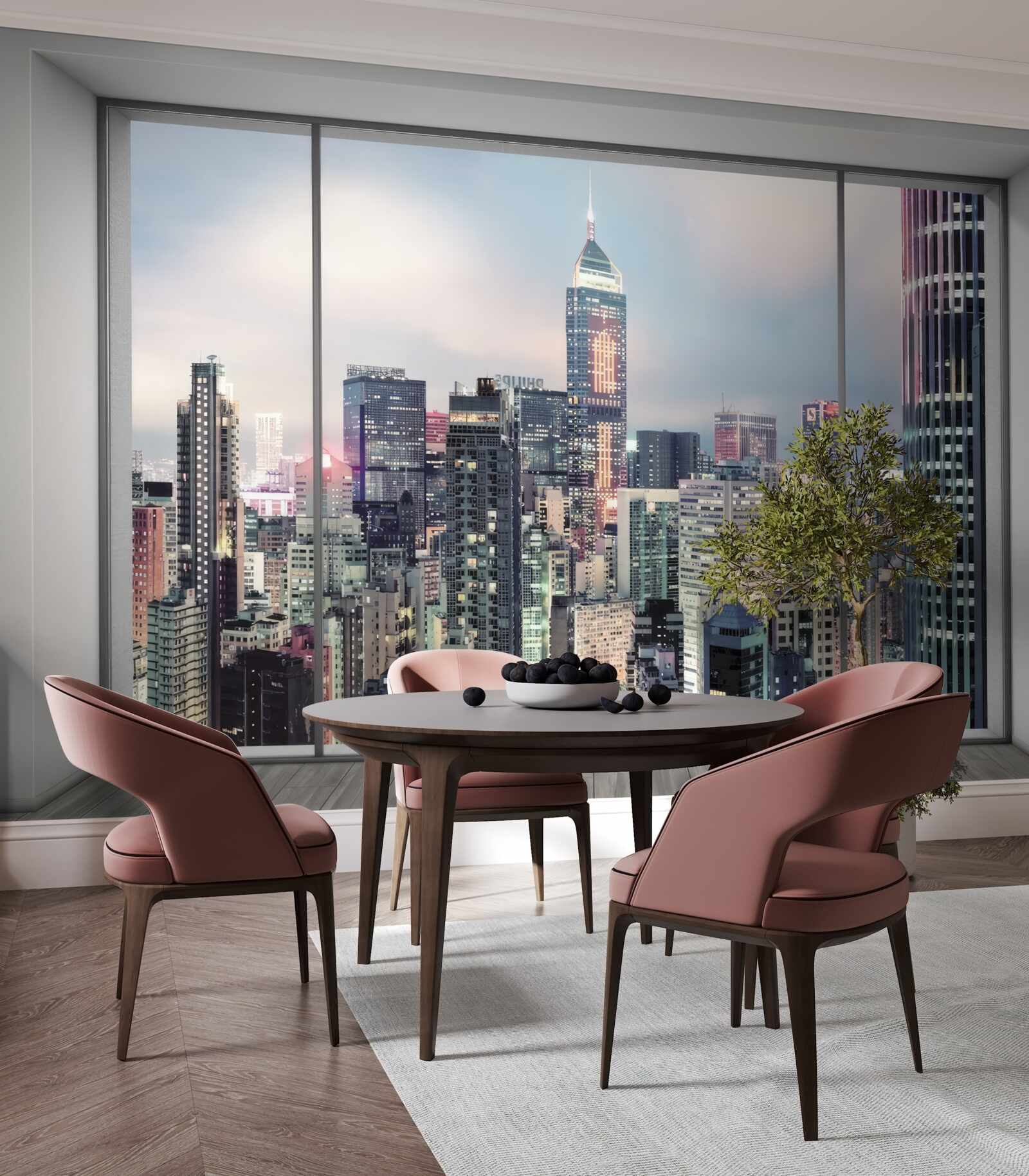 Fotobehang avond stadslandschap dat zich opent vanuit het raam