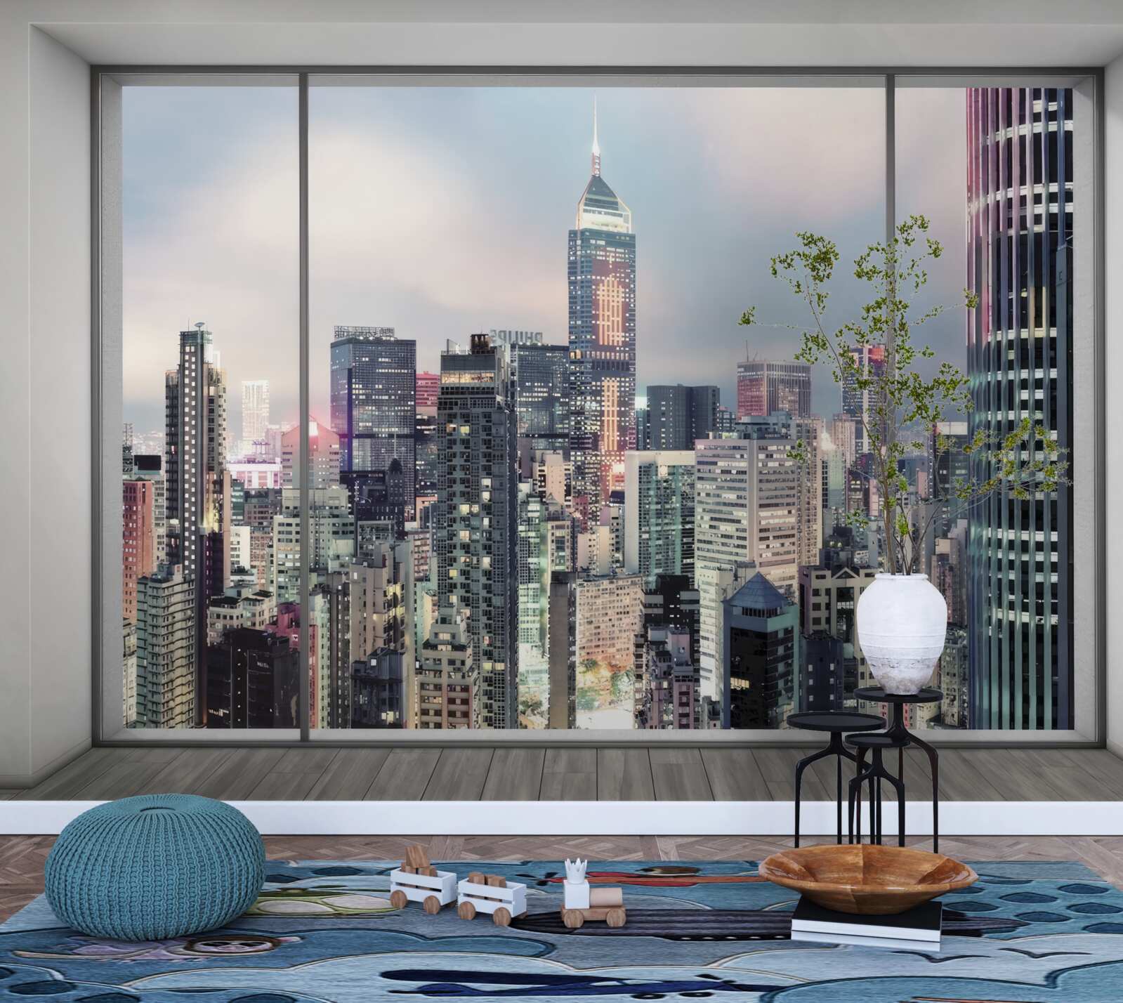 Fotobehang avond stadslandschap dat zich opent vanuit het raam