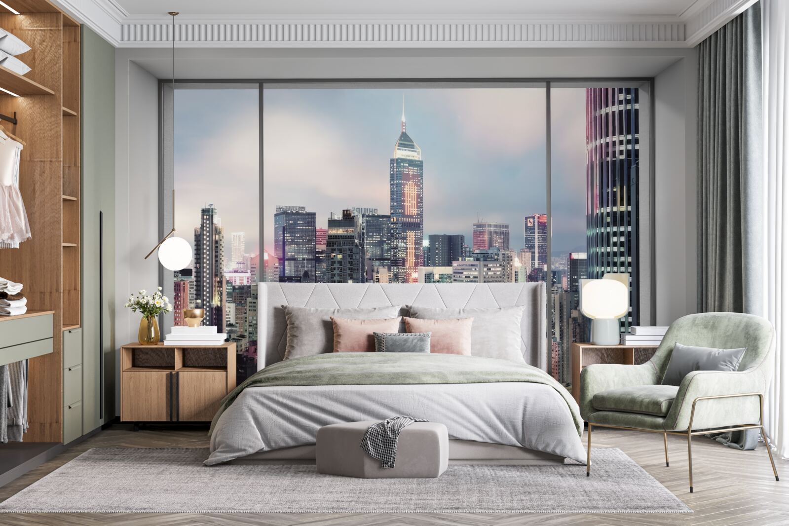 Fotobehang avond stadslandschap dat zich opent vanuit het raam