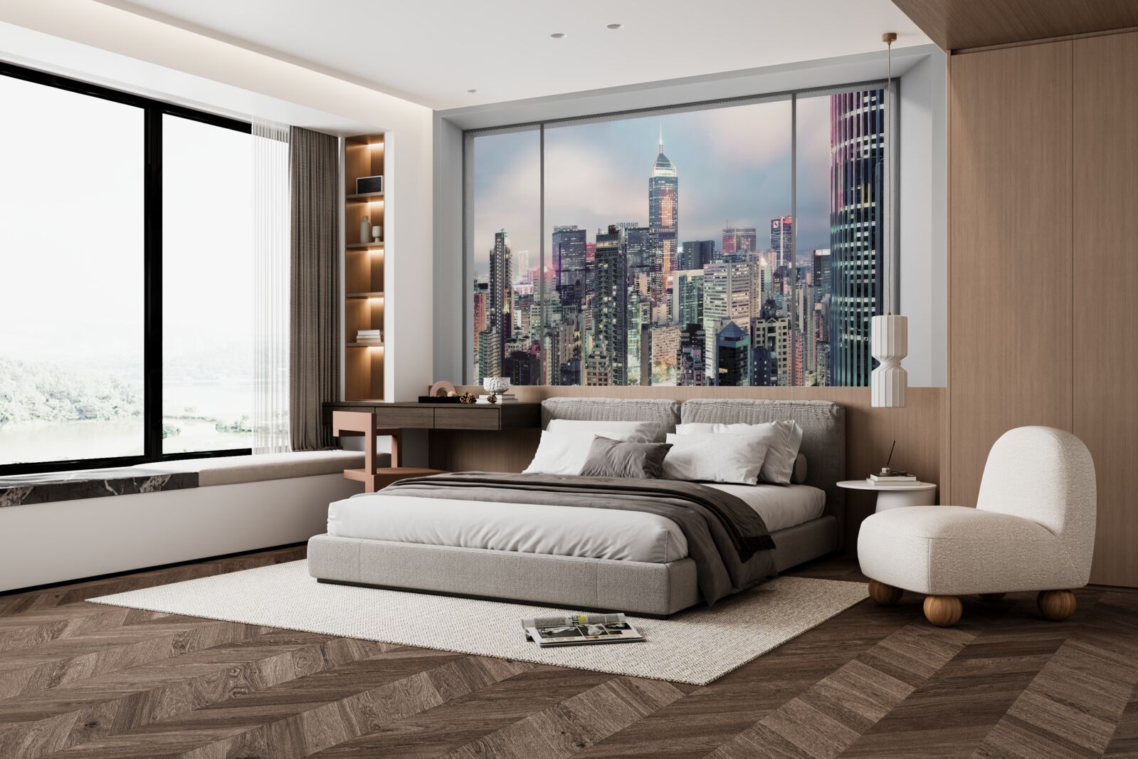 Fotobehang avond stadslandschap dat zich opent vanuit het raam