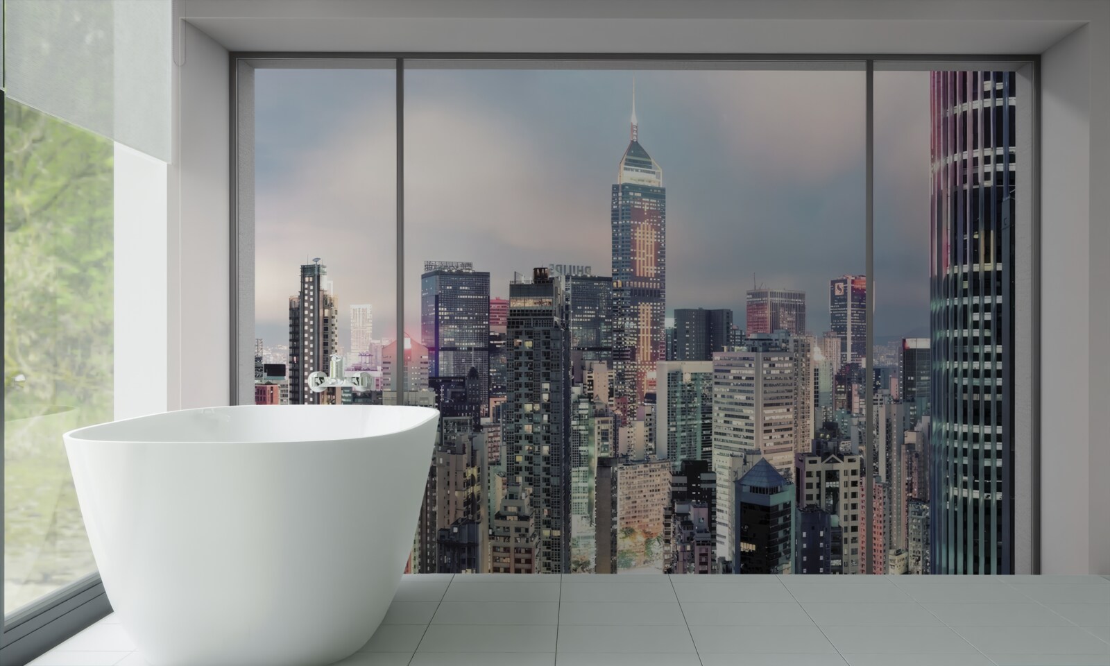 Fotobehang avond stadslandschap dat zich opent vanuit het raam