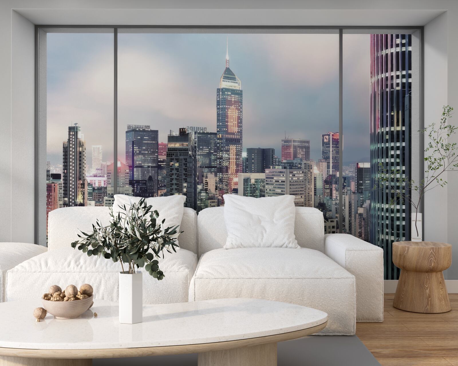 Fotobehang avond stadslandschap dat zich opent vanuit het raam