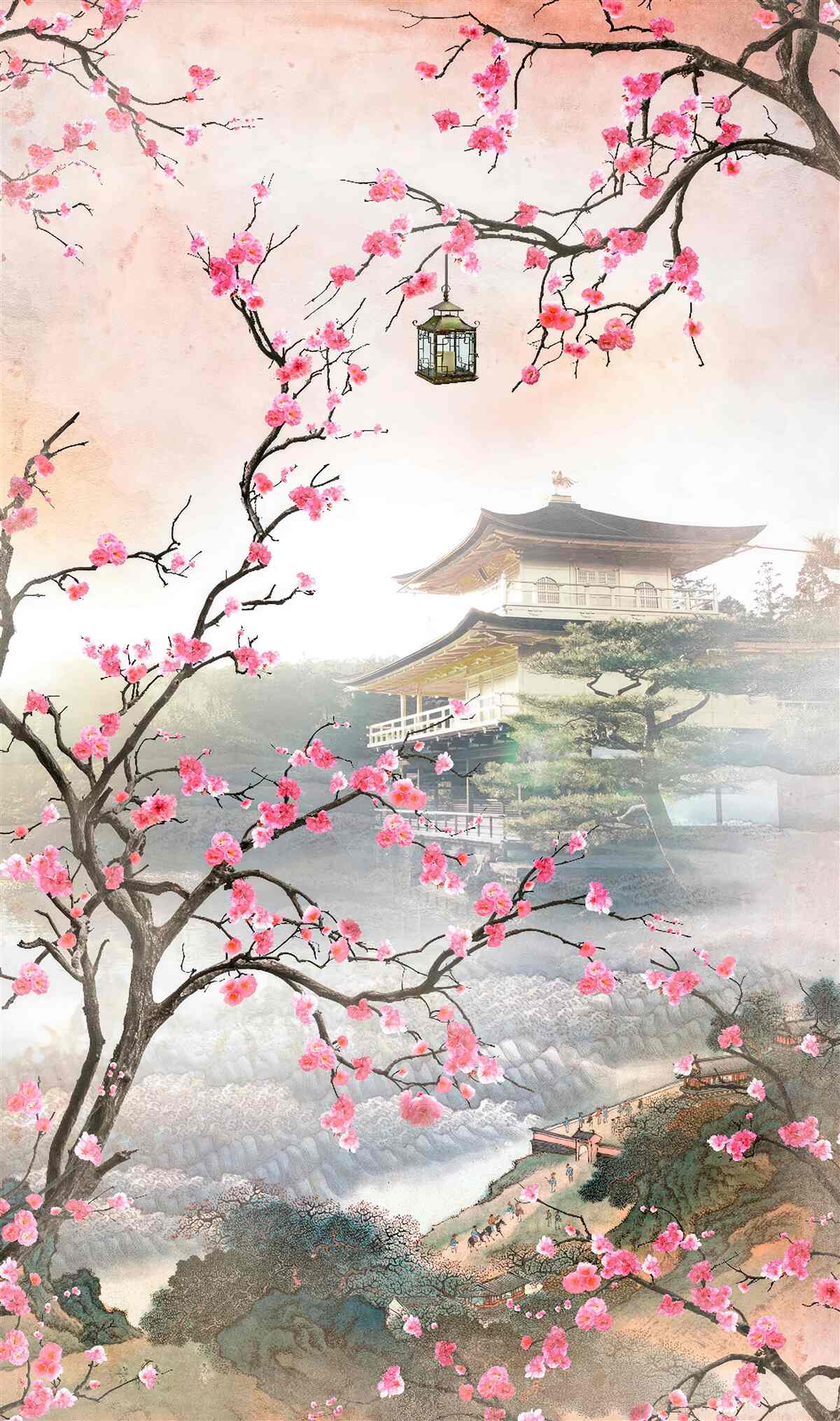 Fotobehang bloeiende sakura in een stedelijke omgeving