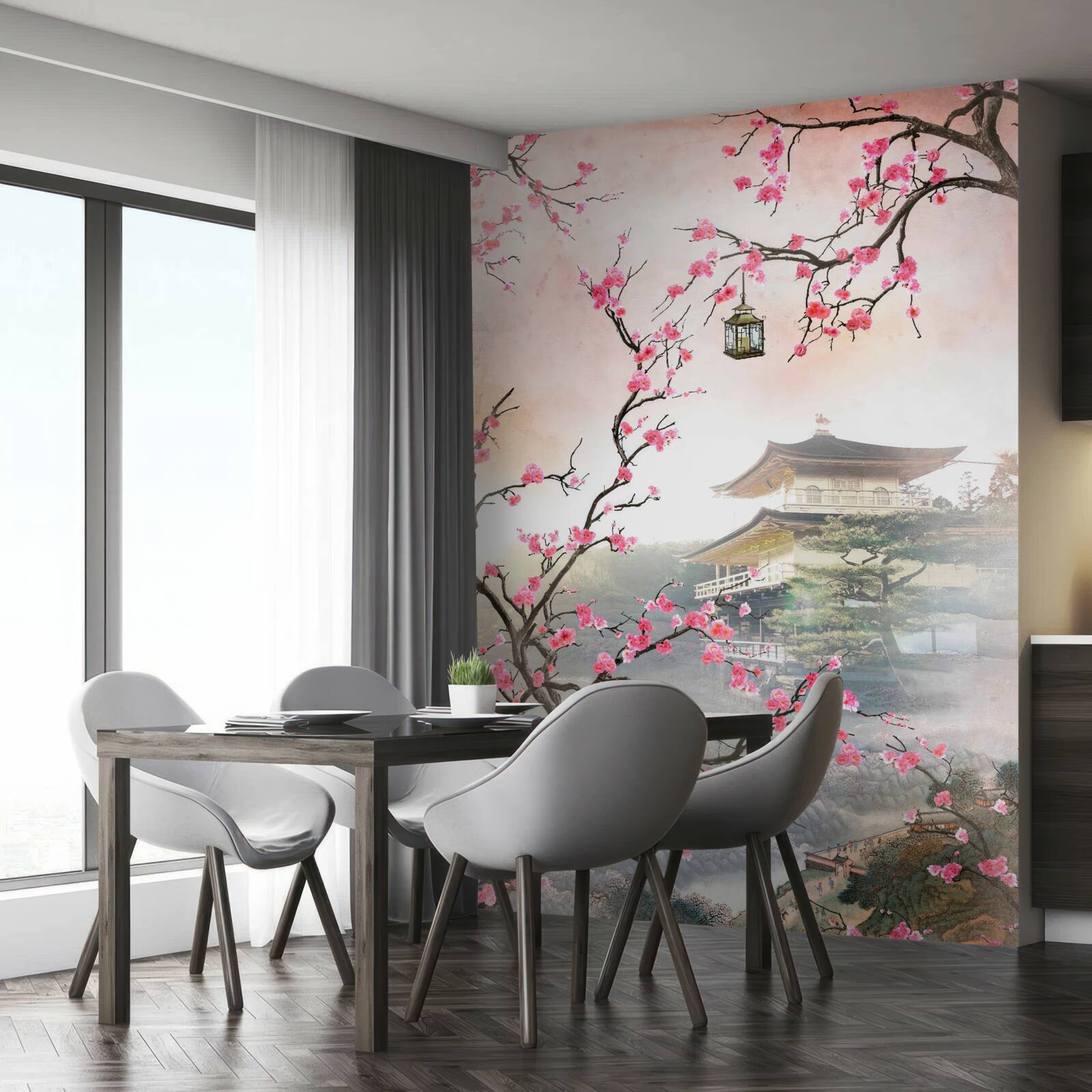 Fotobehang bloeiende sakura in een stedelijke omgeving