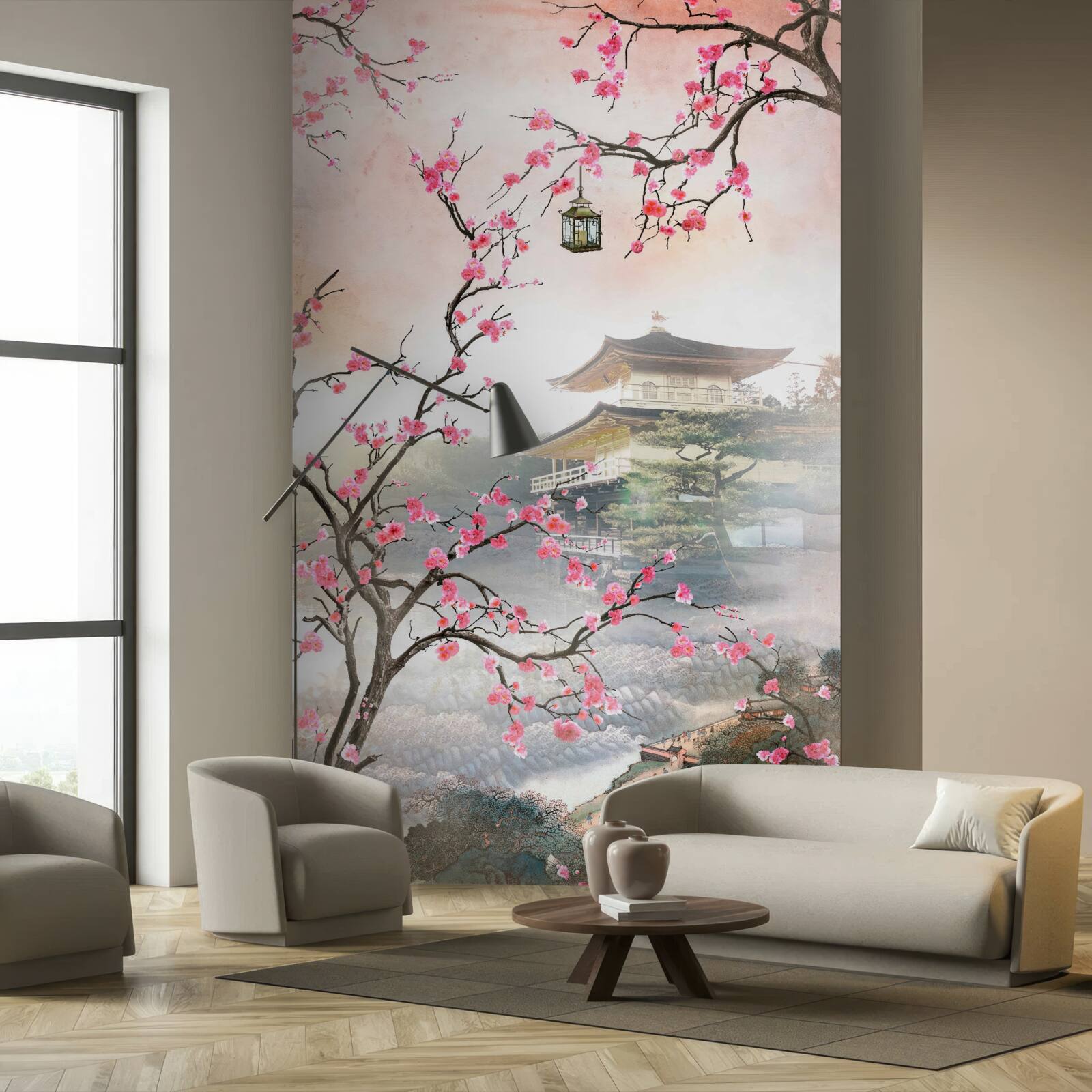 Fotobehang bloeiende sakura in een stedelijke omgeving
