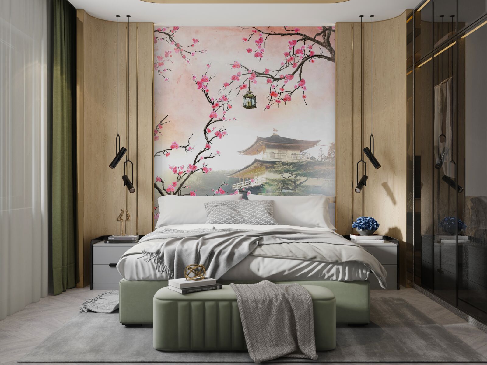 Fotobehang bloeiende sakura in een stedelijke omgeving