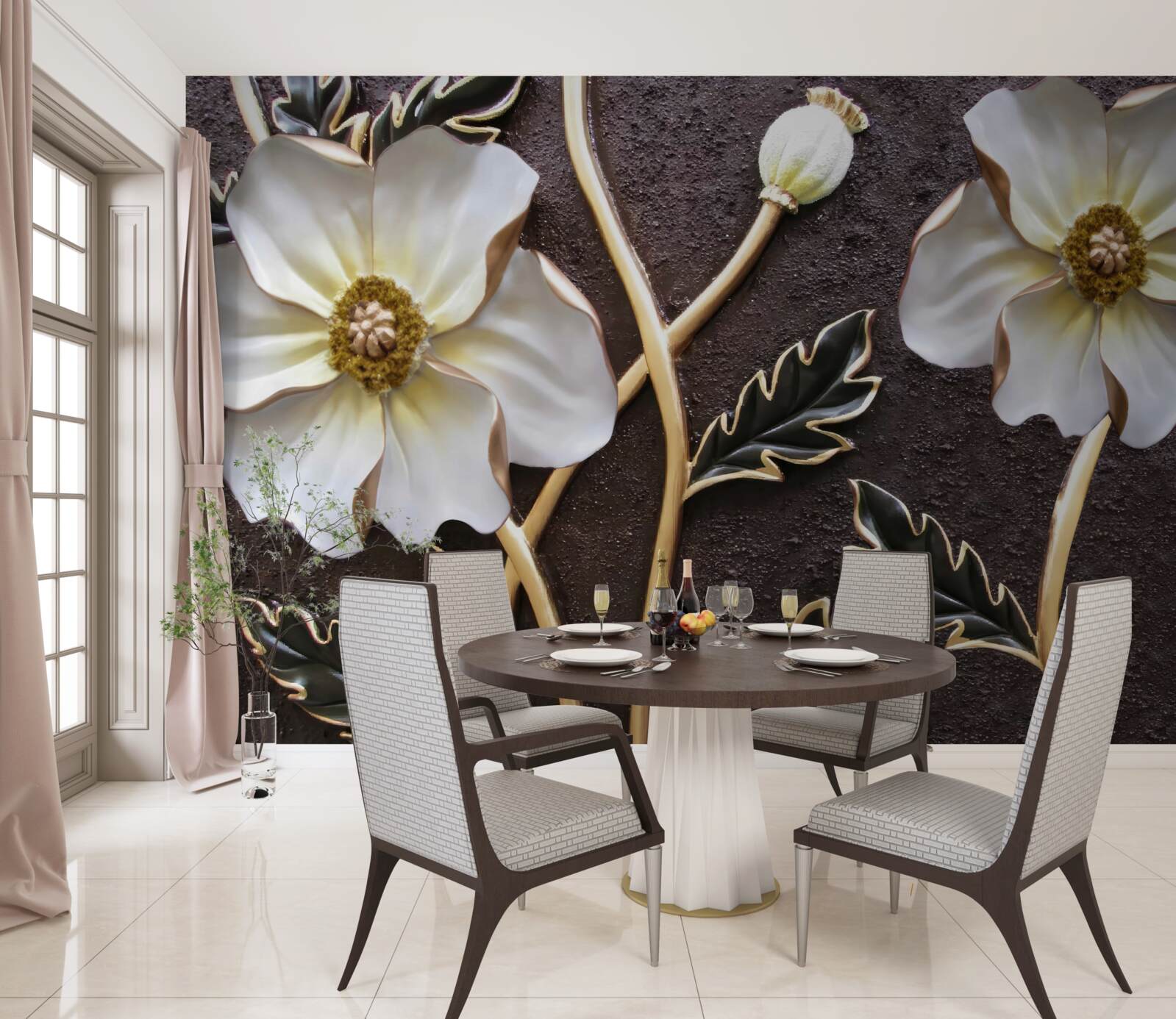 Fotobehang grote witte bloemen