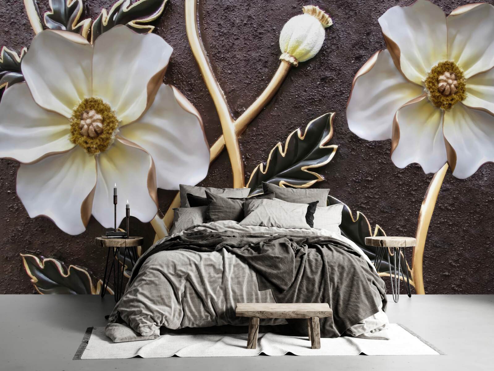 Fotobehang grote witte bloemen