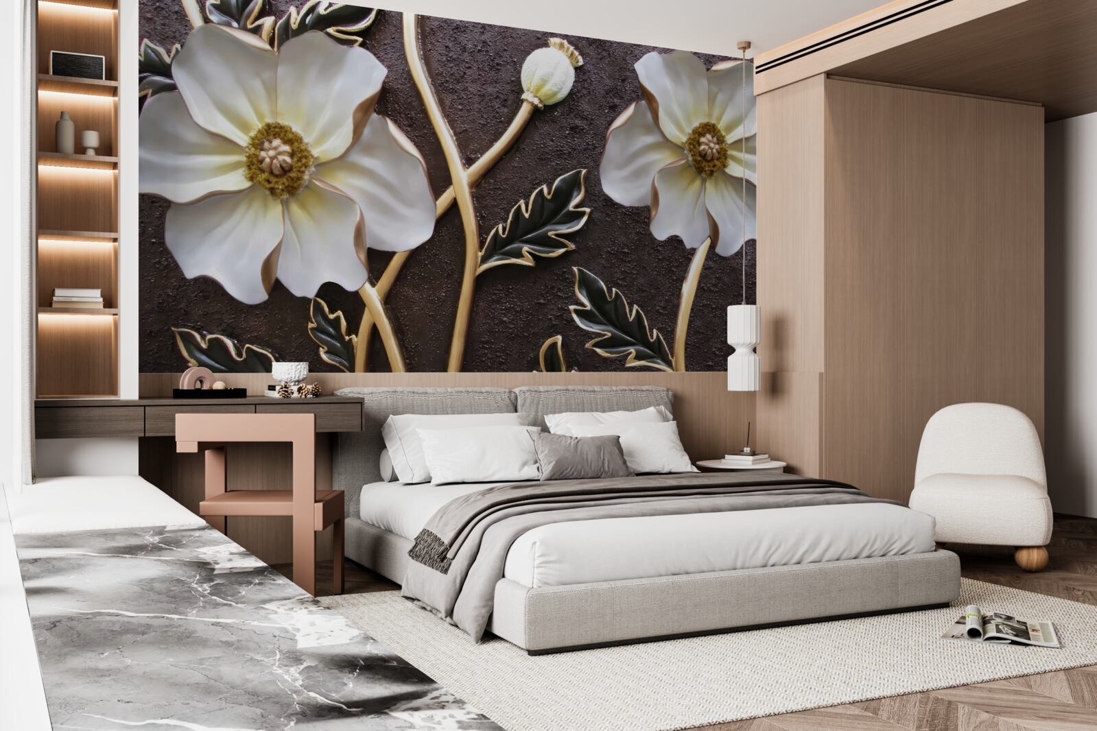 Fotobehang grote witte bloemen