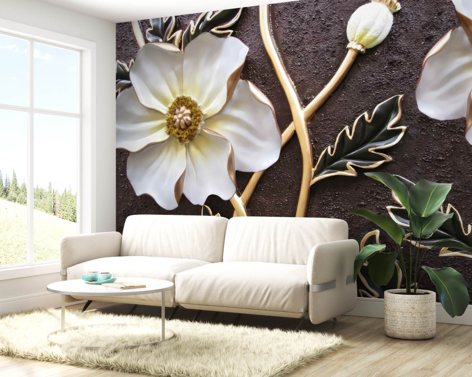 Fotobehang grote witte bloemen