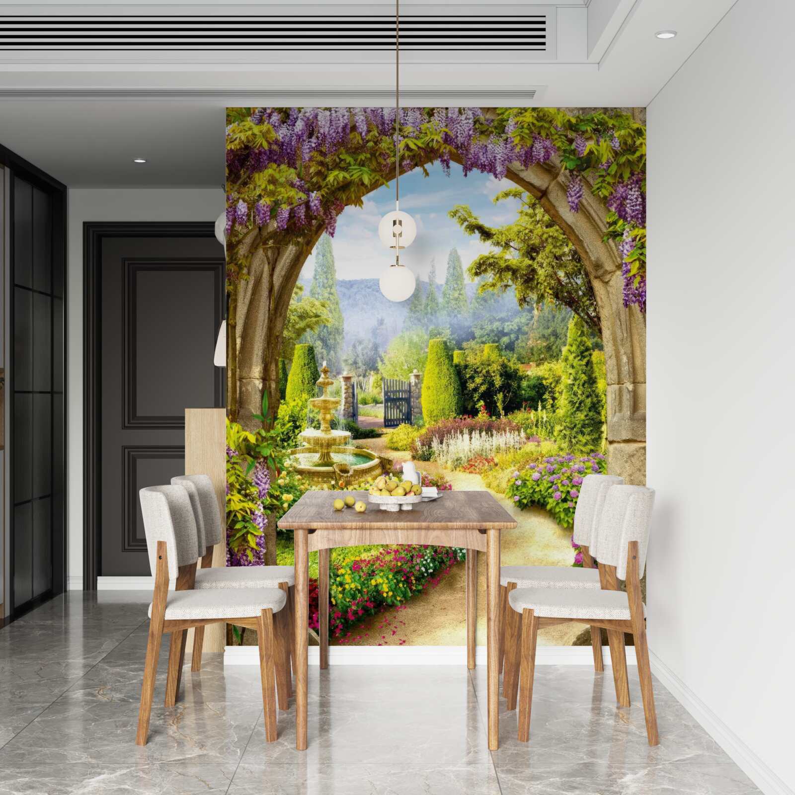 Fotobehang een prachtige bloementuin met een fontein