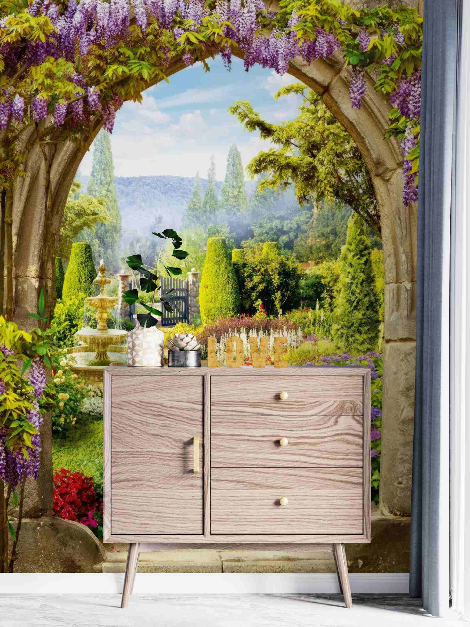 Fotobehang een prachtige bloementuin met een fontein