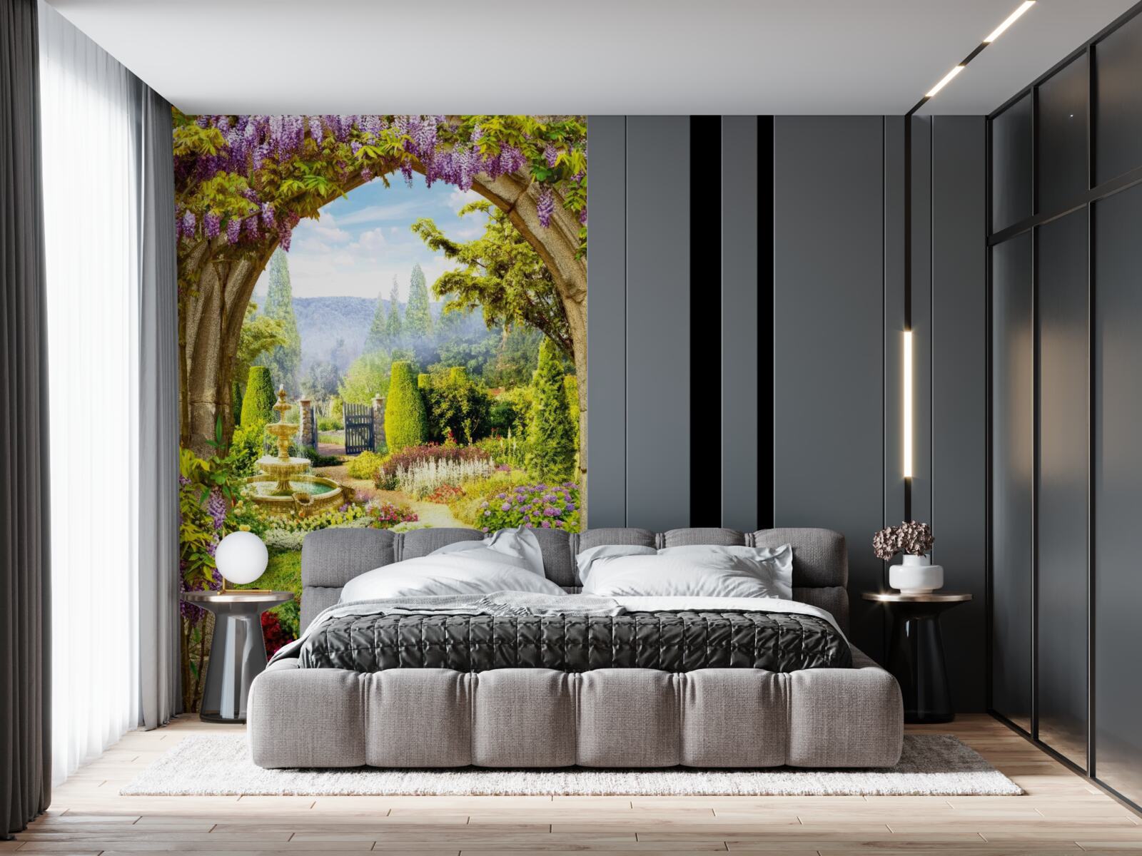 Fotobehang een prachtige bloementuin met een fontein