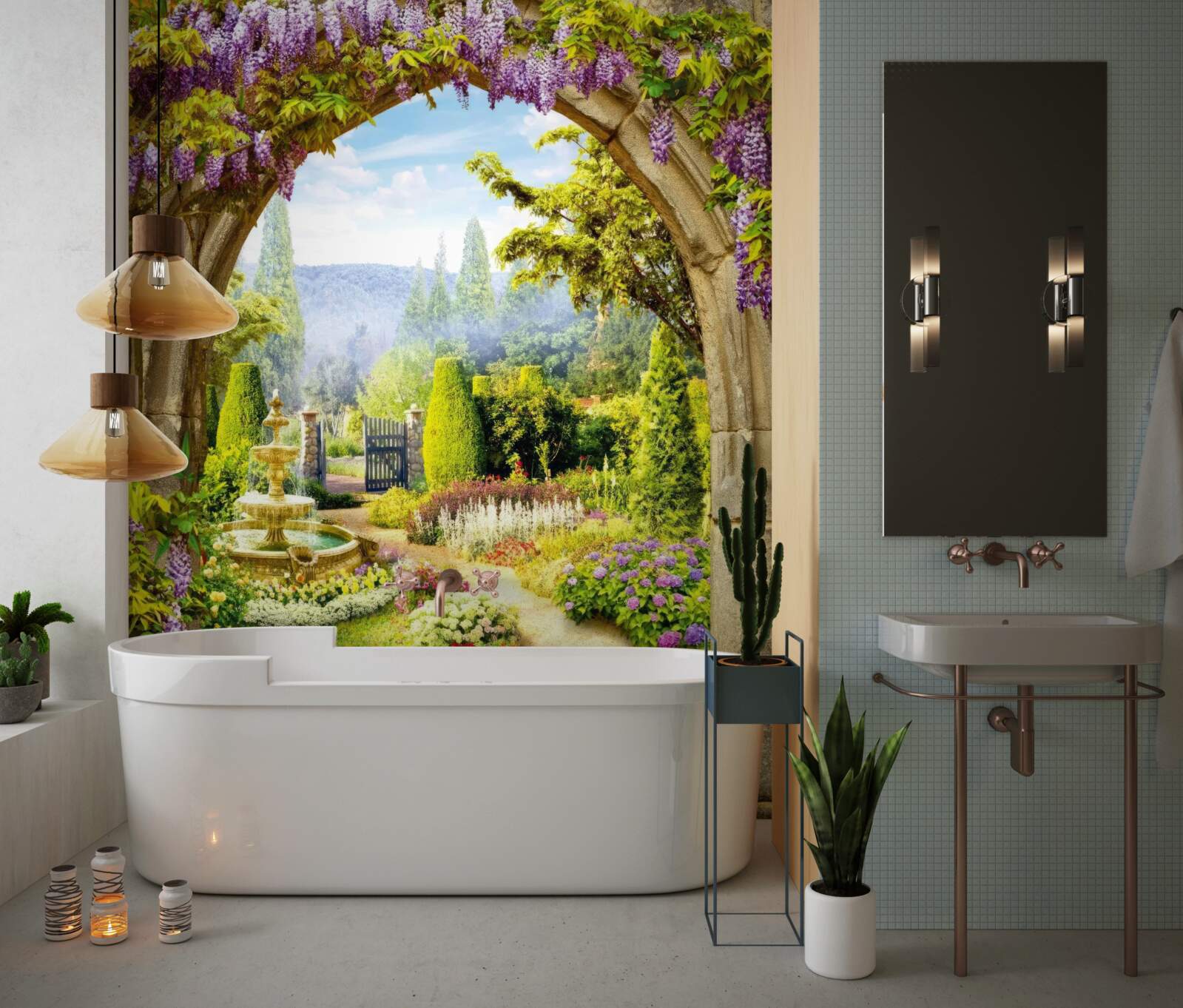 Fotobehang een prachtige bloementuin met een fontein