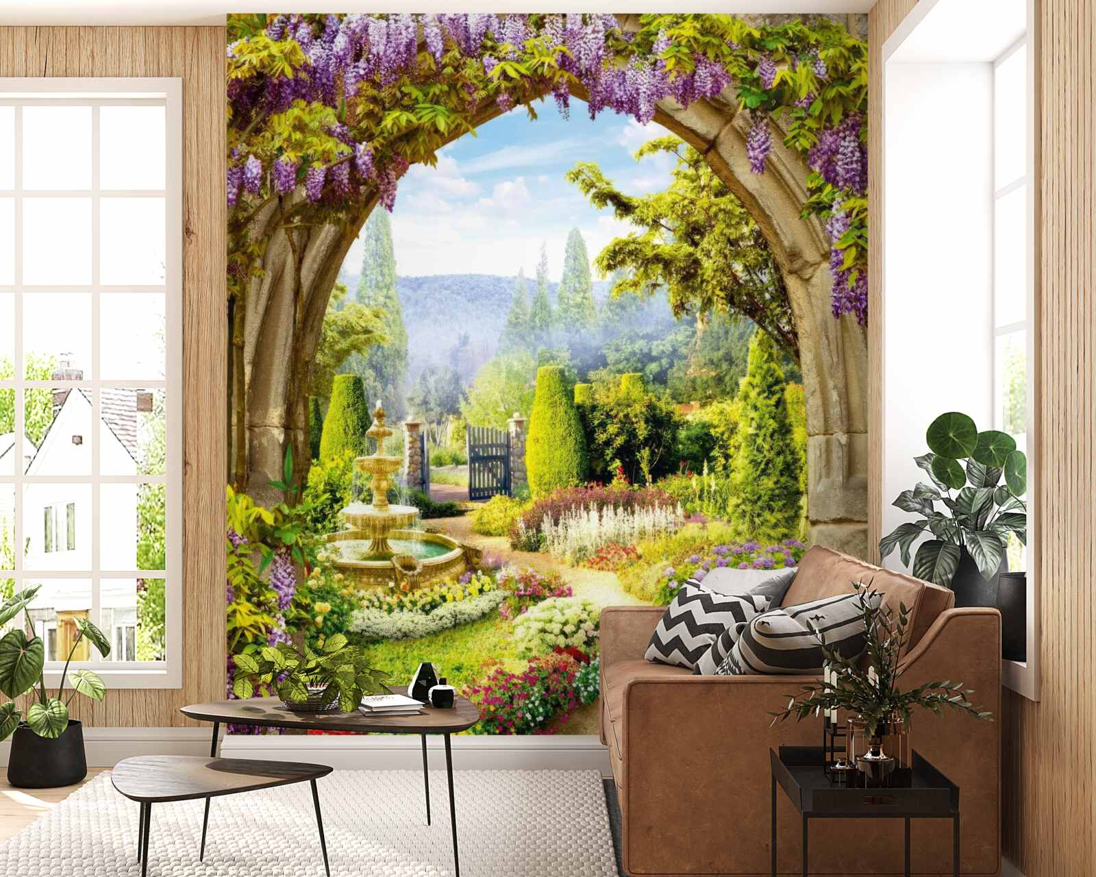 Fotobehang een prachtige bloementuin met een fontein