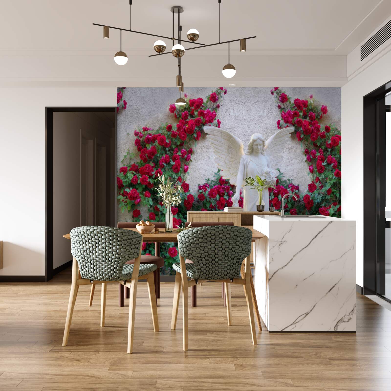 Fotobehang standbeeld van een engel omringd door scharlakenrode bloemen