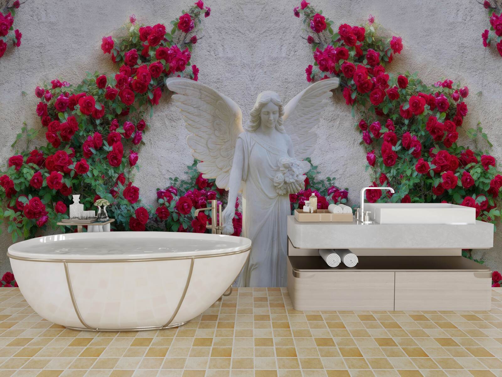 Fotobehang standbeeld van een engel omringd door scharlakenrode bloemen