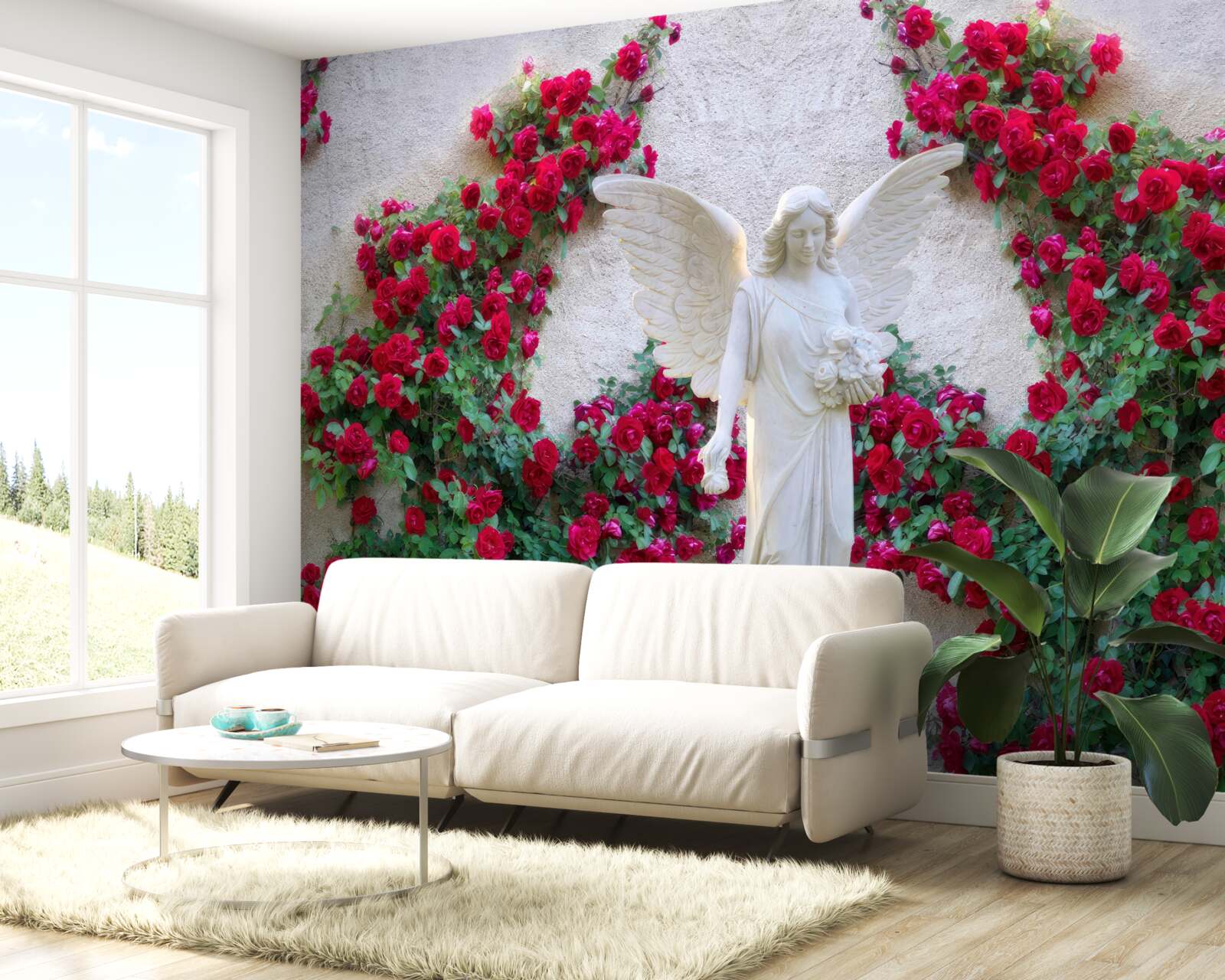 Fotobehang standbeeld van een engel omringd door scharlakenrode bloemen