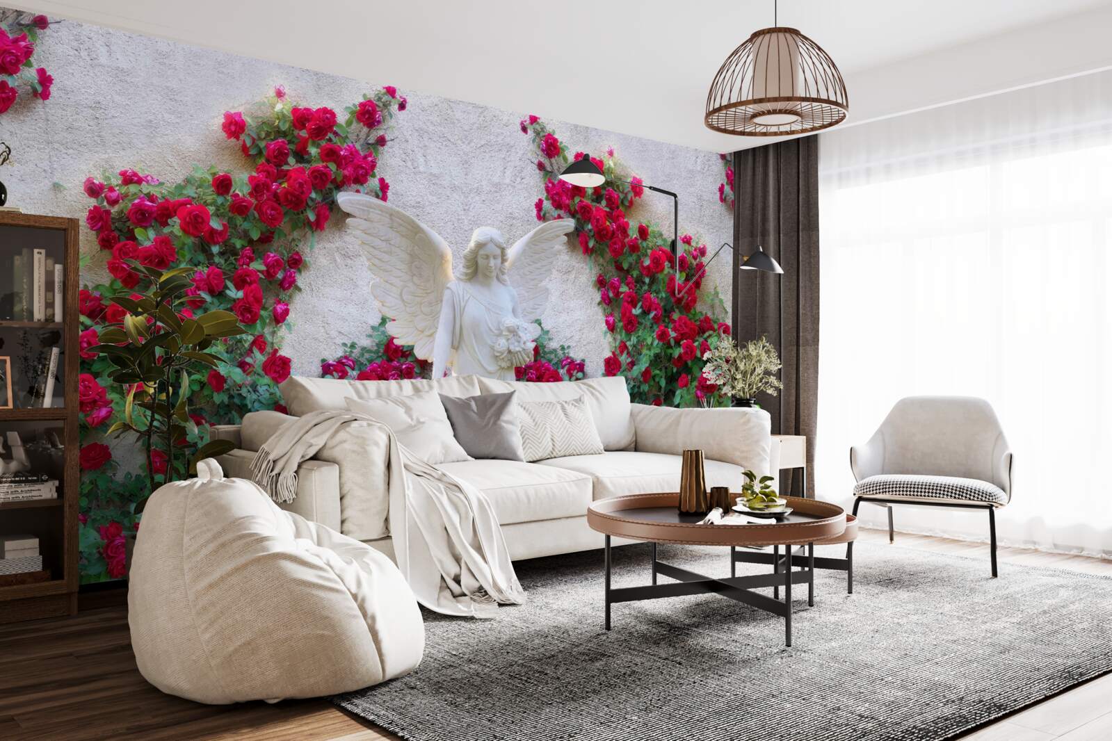 Fotobehang standbeeld van een engel omringd door scharlakenrode bloemen