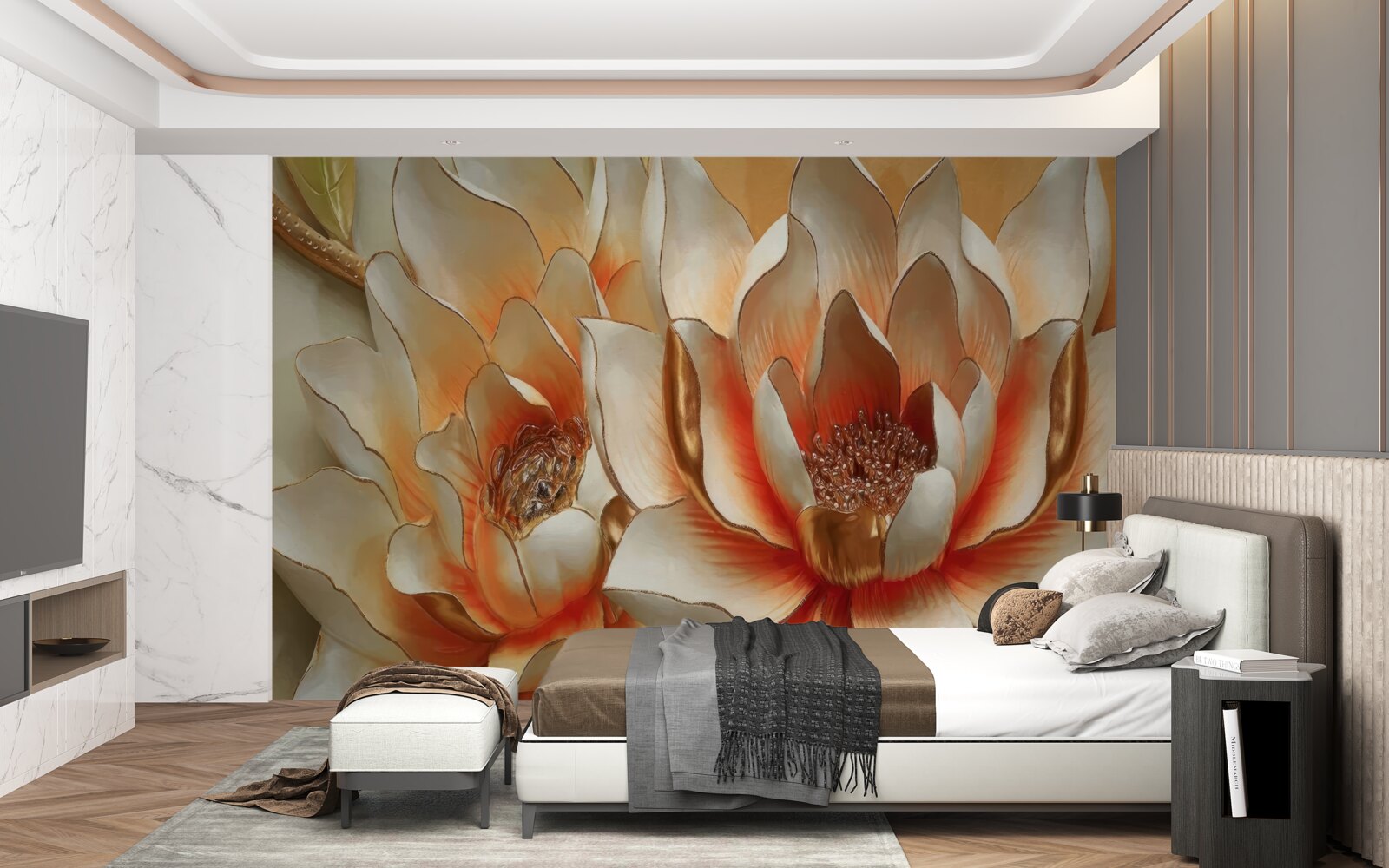 Fotobehang grote crème bloemen