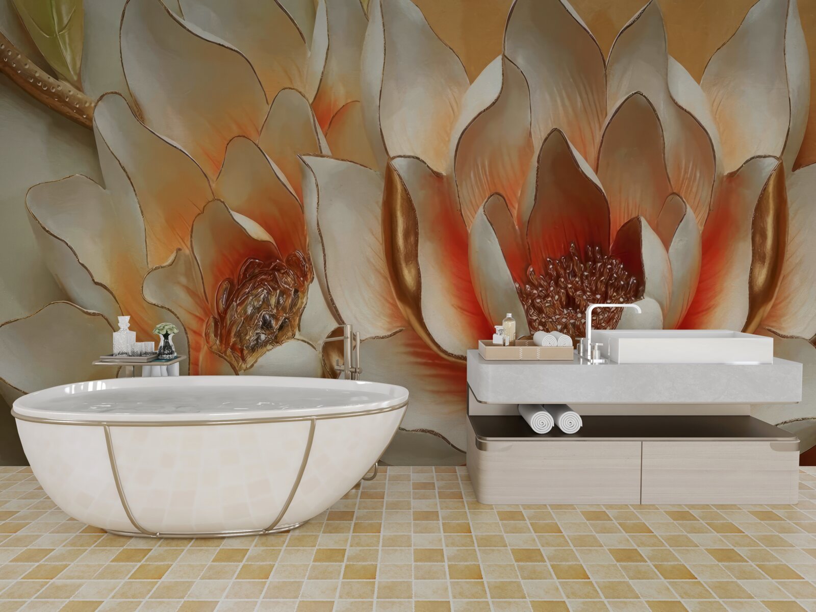 Fotobehang grote crème bloemen