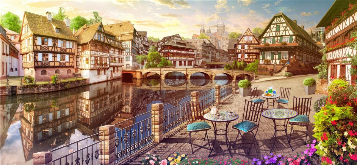 Fotobehang tafels aan het water in het historische deel van de stad