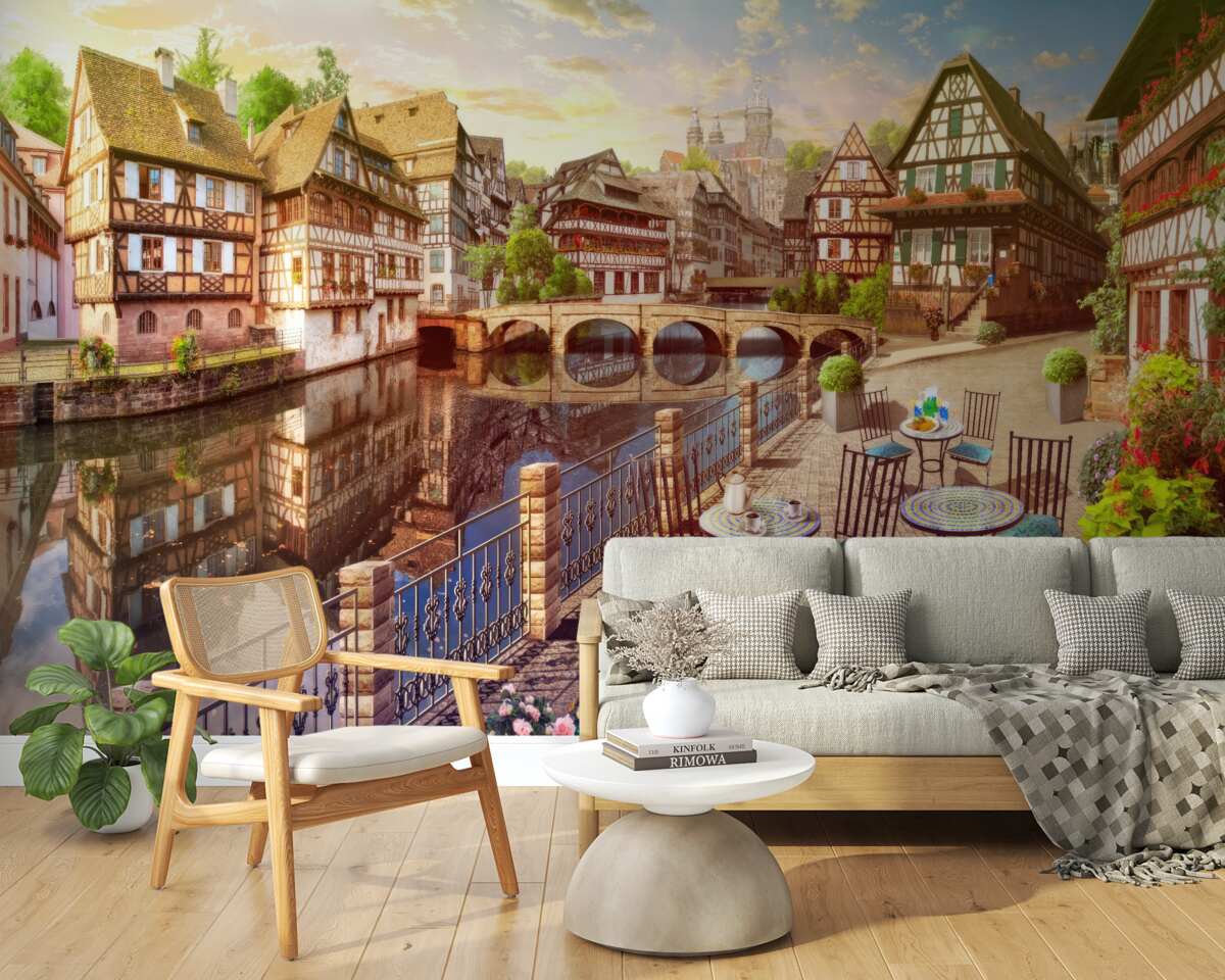 Fotobehang tafels aan het water in het historische deel van de stad