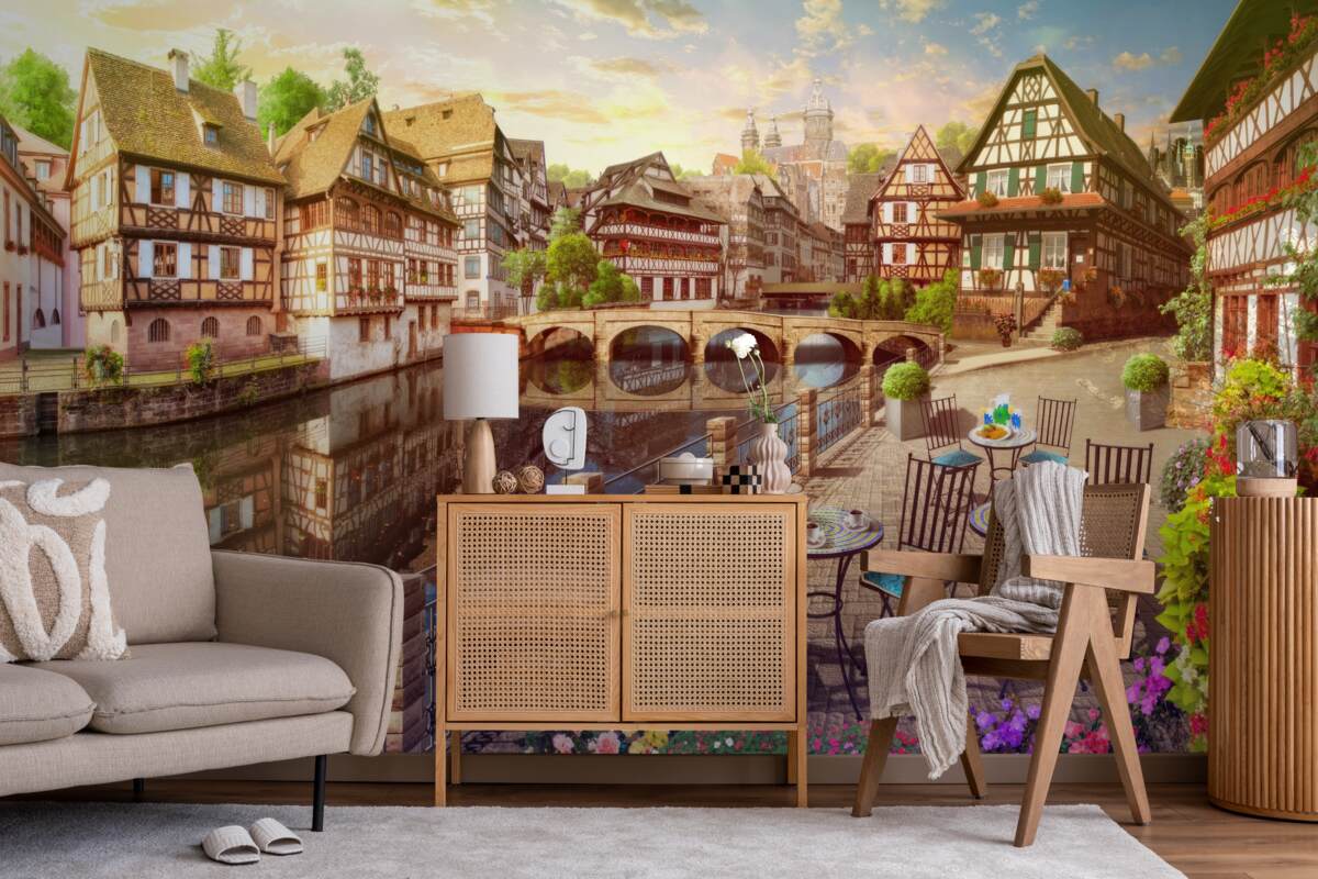 Fotobehang tafels aan het water in het historische deel van de stad