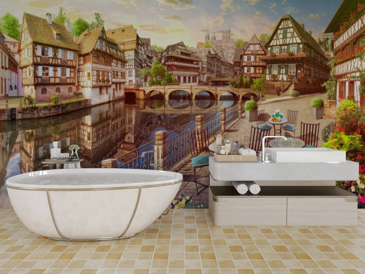 Fotobehang tafels aan het water in het historische deel van de stad