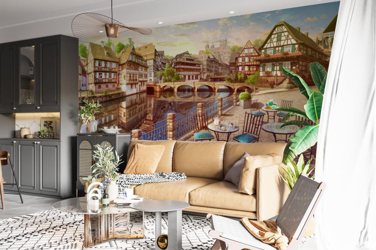 Fotobehang tafels aan het water in het historische deel van de stad