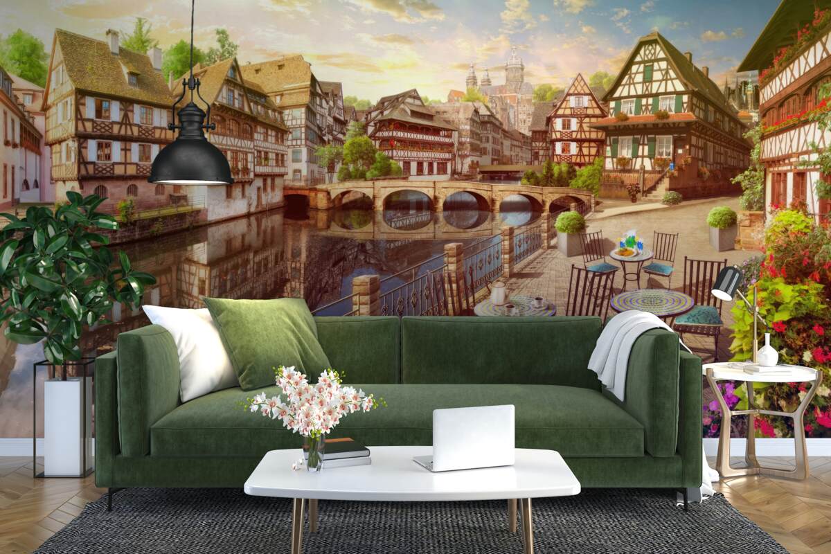 Fotobehang tafels aan het water in het historische deel van de stad