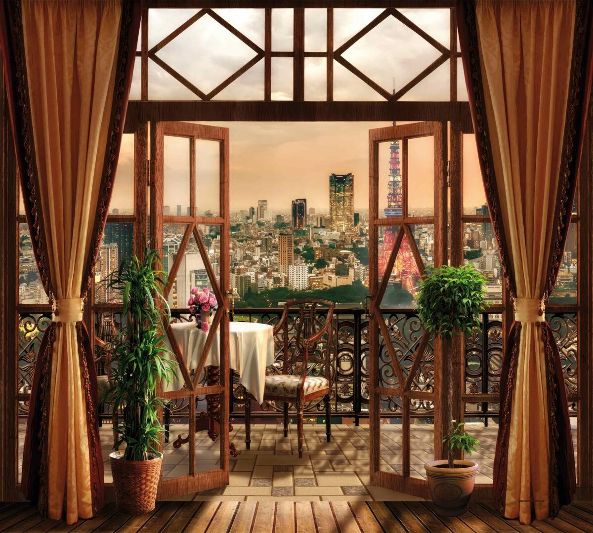 Fotobehang indrukwekkend uitzicht over de stad vanaf het balkon