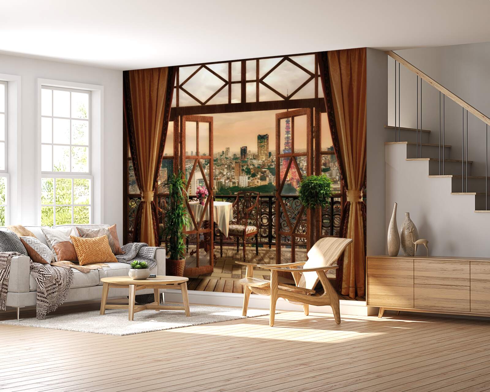 Fotobehang indrukwekkend uitzicht over de stad vanaf het balkon