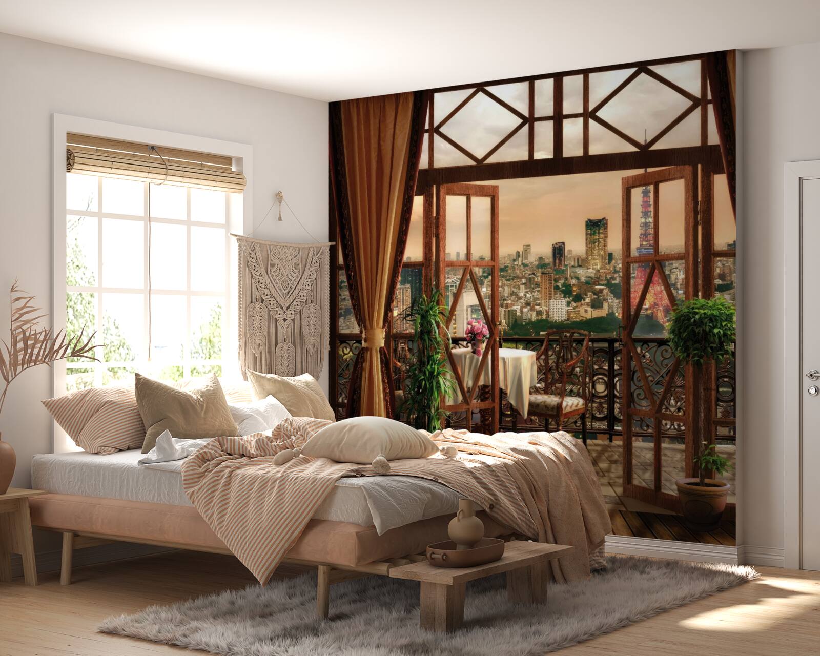 Fotobehang indrukwekkend uitzicht over de stad vanaf het balkon