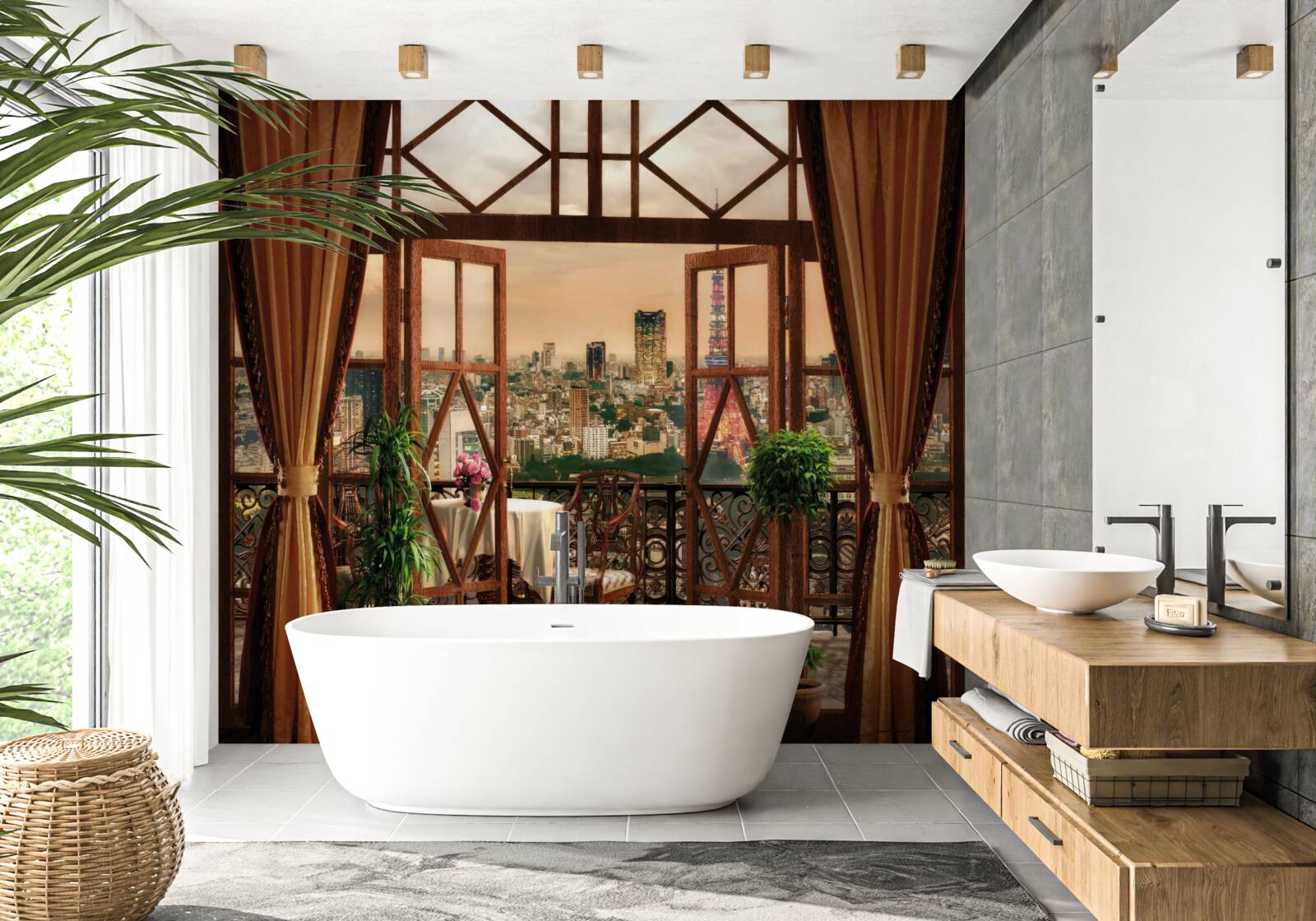 Fotobehang indrukwekkend uitzicht over de stad vanaf het balkon