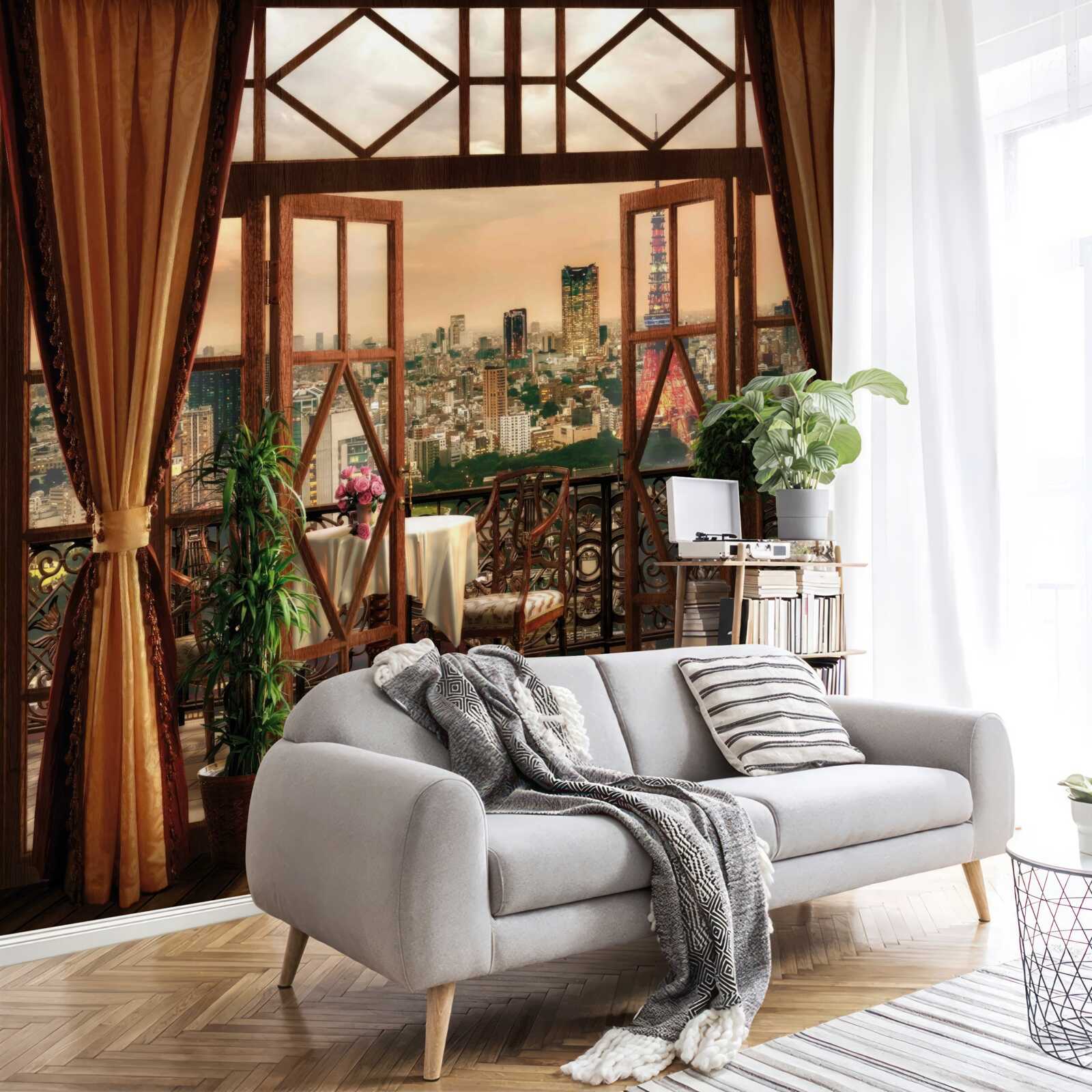 Fotobehang indrukwekkend uitzicht over de stad vanaf het balkon