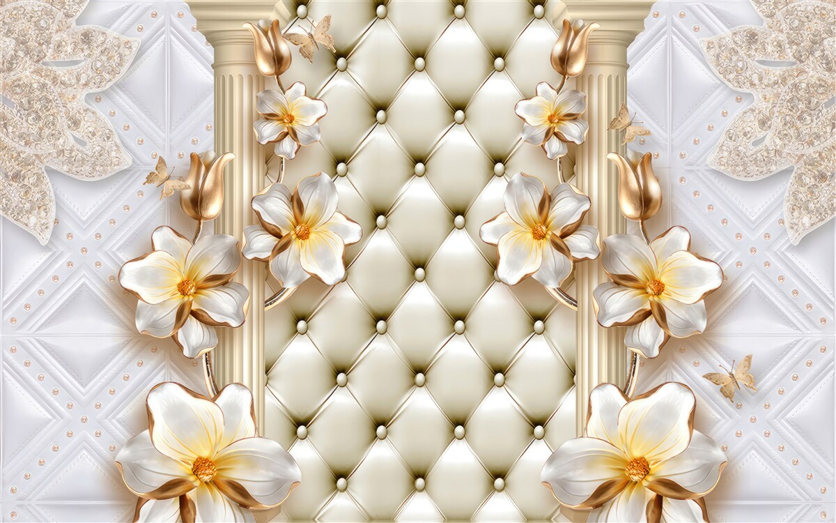 Fotobehang muur versierd met gequilte elementen in bloemenkleuren